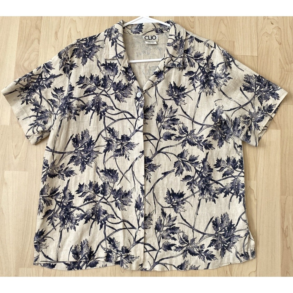 Vtg CLIO Women's L 100% Linen Top Button Up Blouse Floral Casual USA
